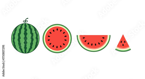 Illustration of watermelon slices and whole fruit isolated on white background
