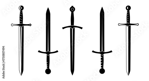 Illustration of collection of five medieval swords isolated on white background