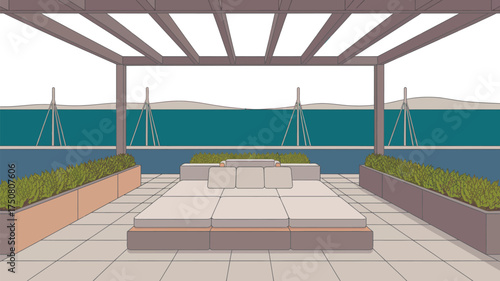 A rooftop patio with a pergola and a large daybed overlooking the water and distant structures