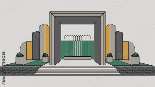 Illustrated architectural design with geometric shapes and plants in a symmetrical layout view