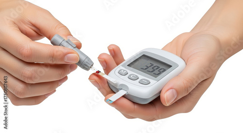 Hands testing blood sugar with glucometer.