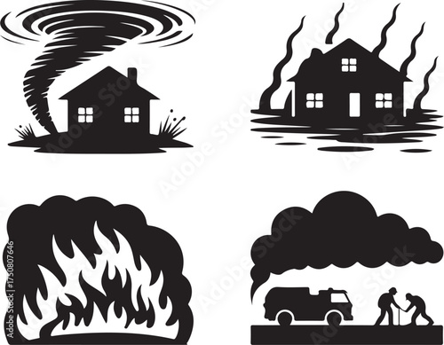 Disaster icons tornado fire flood emergency response