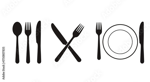 Illustration of cutlery and plate icons isolated on white background