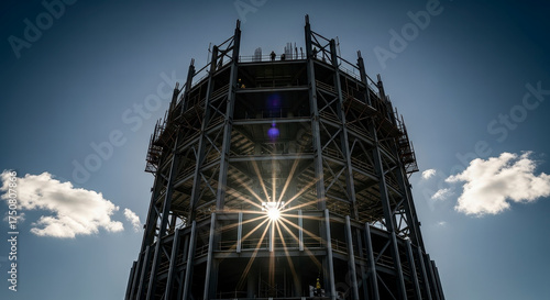 Industrial metal structure silhouetted against the sun.
