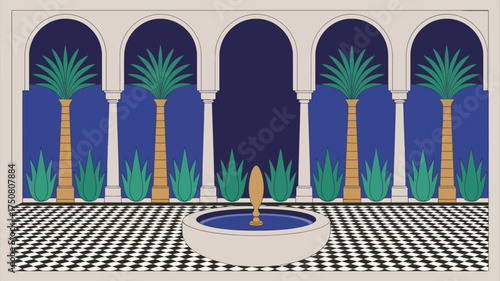 Illustration of a courtyard with arches, palm trees, fountain and black and white checkered floor