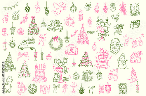 Whimsical hand drawn chalk doodles of  Christmas in trendy vintage style Collection. Perfect for quirky new year ,christmas invitation, dinner and bar menu, bachelorette party, birthday invitation.