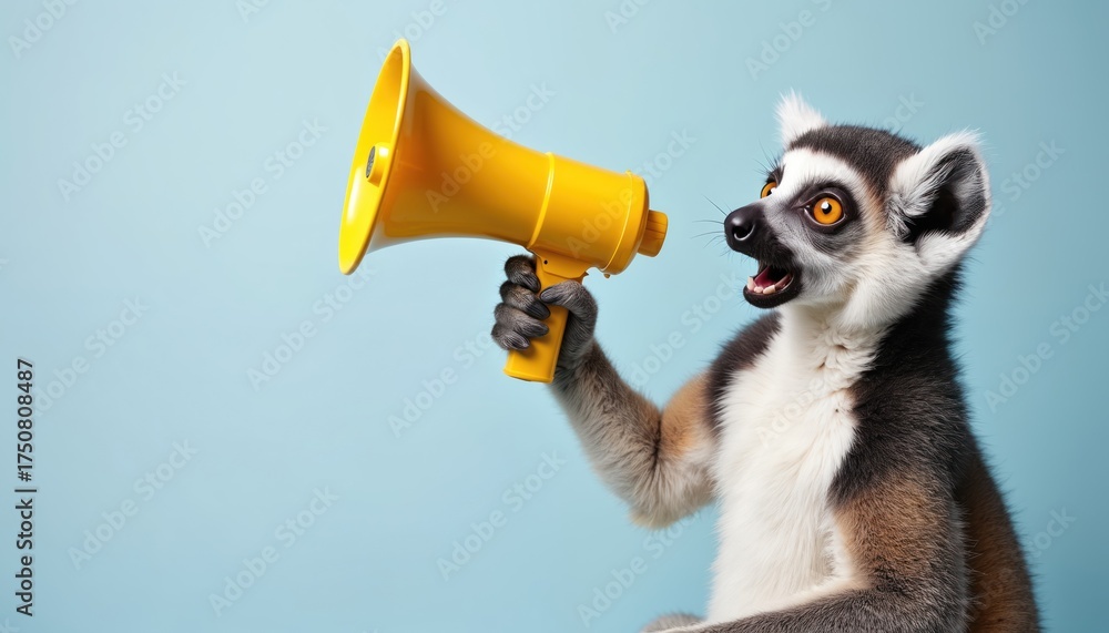 Naklejka premium Ring-tailed lemur holds yellow megaphone making announcement against blue backdrop. Cute animal communicates loudly, drawing attention to message or news.