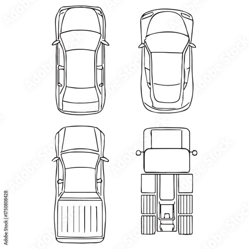 Set of outline vector car, bike, truck vehicles. Top and side view. Vector illustration