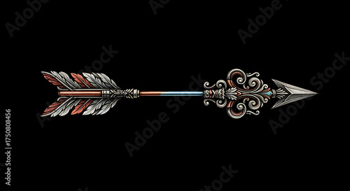 Illustration of ornate arrow with decorative elements on black background