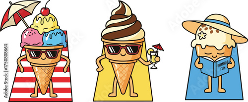 Cute Cartoon Ice Cream Cones Relaxing on Beach in Summer Vector Illustration Set