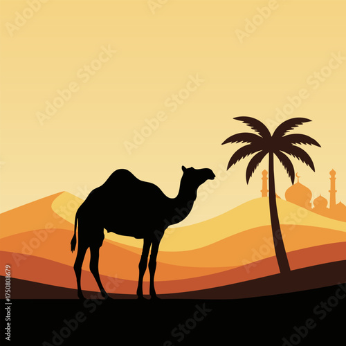 Vector illustration of camel silhouette in desert landscape with sand dunes, palm trees, and mosque at sunset, symbolizing Arabian culture, wildlife, and travel in minimal flat style artwork.