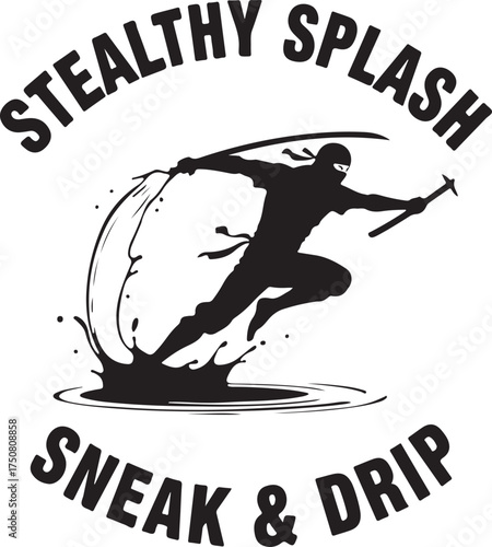 Religious Symbol Black silhouette of a ninja splashing water with text black and white water splash