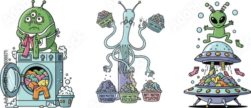 Funny Cartoon Aliens Doing Laundry with Washing Machine and UFO Vector Illustration Set