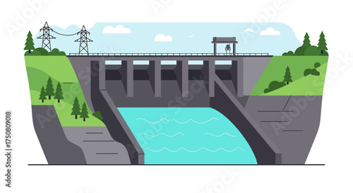 Illustration of hydroelectric dam generating power with flowing water and transmission lines