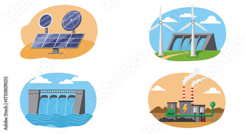 Illustration of collage of renewable energy sources and power generation