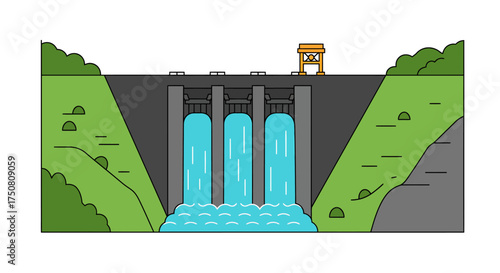 Illustration of hydroelectric dam with water cascading through spillways into a river below