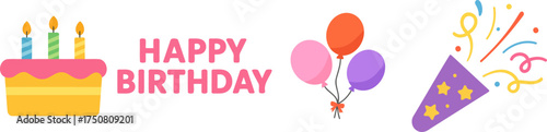 Colorful flat vector of birthday celebration with cake, candles, balloons, and confetti; cheerful party design for greeting cards, posters, invitations, and festive decorations.