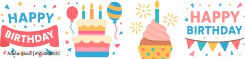 Colorful flat vector of birthday celebration with cake, cupcake, balloons, bunting, and confetti; cheerful festive design for greeting cards, posters, invitations, and decorations.