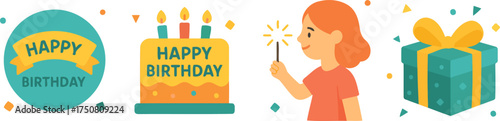 Flat vector of birthday celebration with cake, candles, girl holding sparkler, and gift box; cheerful colorful design for greeting cards, posters, invitations, and festive decorations.