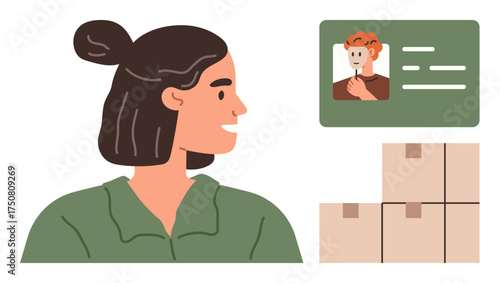 Woman looking at ID badge on screen, surrounded by stacked packages. Ideal for logistics, shipping, management, employee identity, organization, delivery e-commerce. Simple flat metaphor