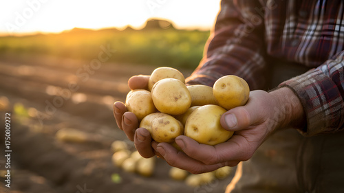 Farmer holding freshly harvested potatoes in golden sunlight on a farm, ready for market