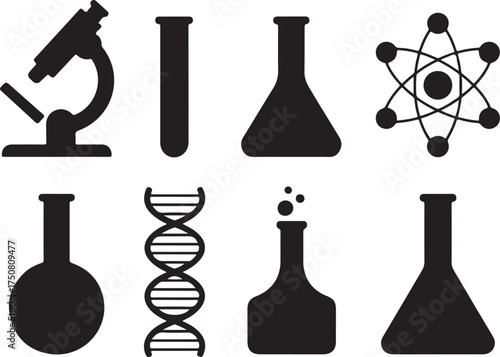 Science icons lab equipment, DNA, atom, microscope