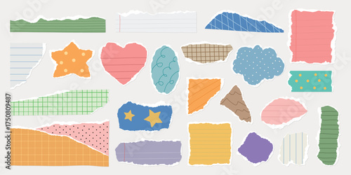 Colorful torn paper shapes in various designs, including stars, hearts, and clouds. Vibrant torn paper pieces with diverse patterns and colors. Torn paper collage. Colorful patterned element vectors.