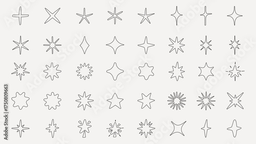 Collection of star icons in various shapes. Star shapes include pointed, rounded, and abstract designs. Perfect for design projects needing star icons. Element vector set.