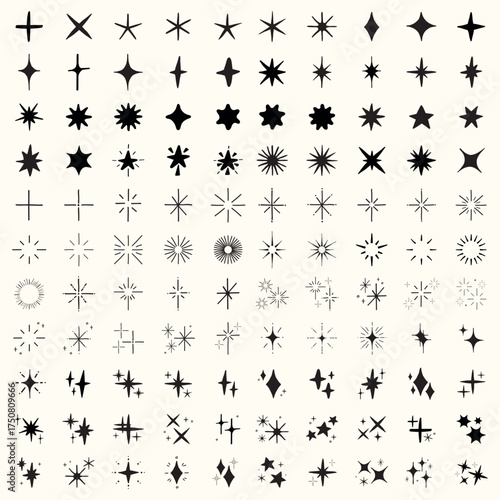 Collection of 100 starburst vector icons in various shapes and styles. Starburst icons are perfect for design projects needing starburst elements. Element vector set.
