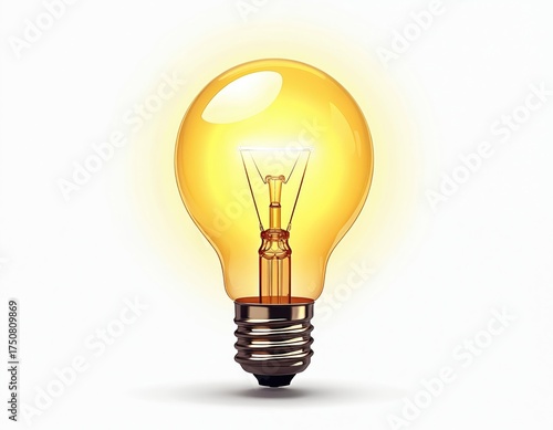 Glowing incandescent light bulb isolated on white background. Symbolizes bright idea, innovation, and creative thought process. Represents new concept or solution.