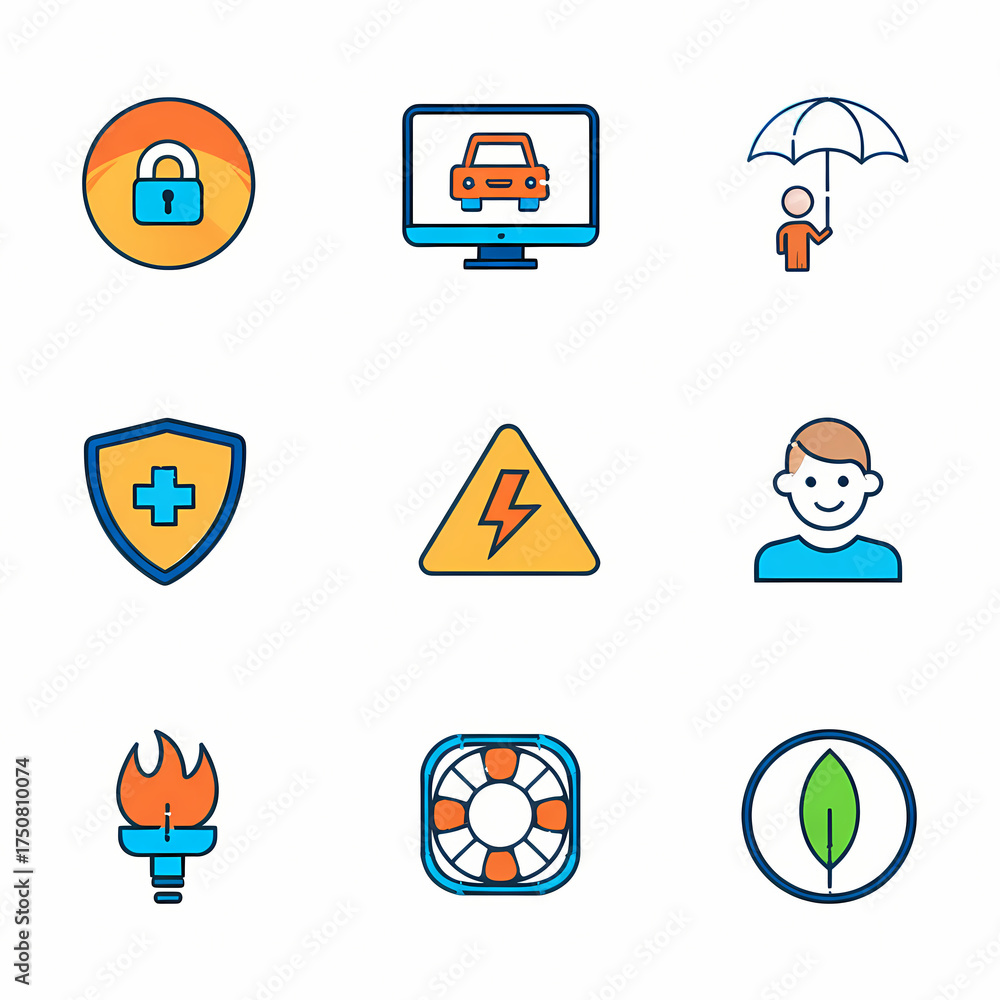 Fototapeta premium A grid of nine colorful flat design icons illustrating diverse concepts including security, automotive services, health, environmental protection, and safety warnings.