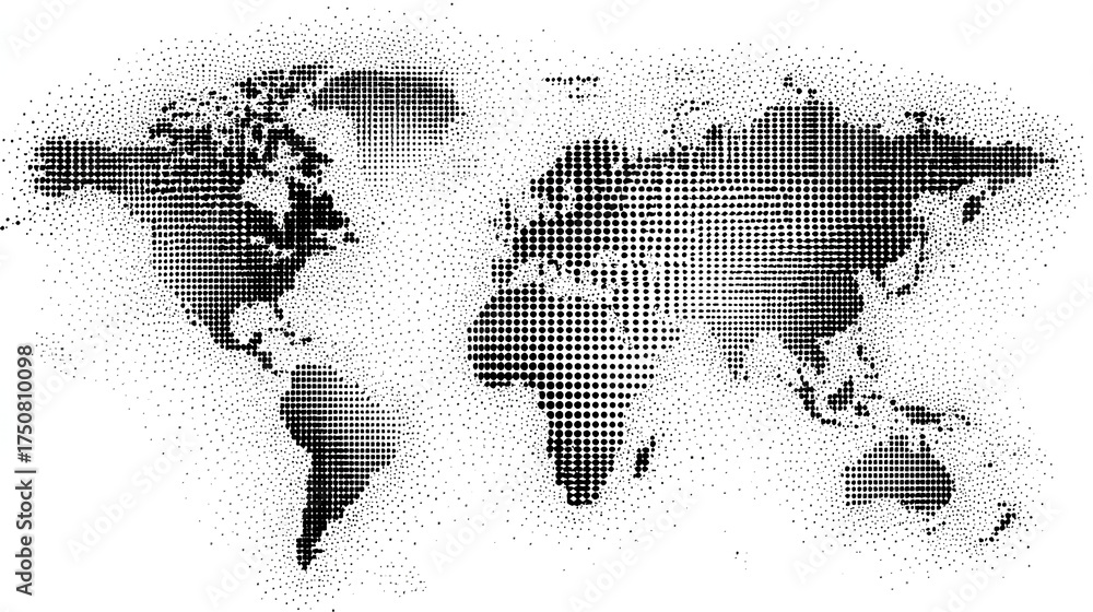 Fototapeta premium Halftone world map with dot pattern, dotted globe continents graphic, black and white Earth planet, global geography elements, digital simple travel infographics. Vector isolated concept Stock Vector