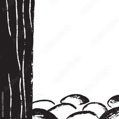 Minimalist Black and White Abstract Forest with Tree Trunks and Rocks Illustration