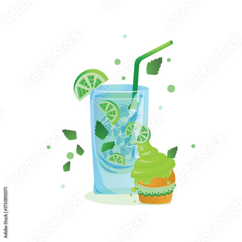 A summer non-alcoholic mojito with lime cake. Refreshing on a hot day. Bright summer colors, vector illustration. Mojito with lime and a straw, served with ice, for a refreshing summer day.