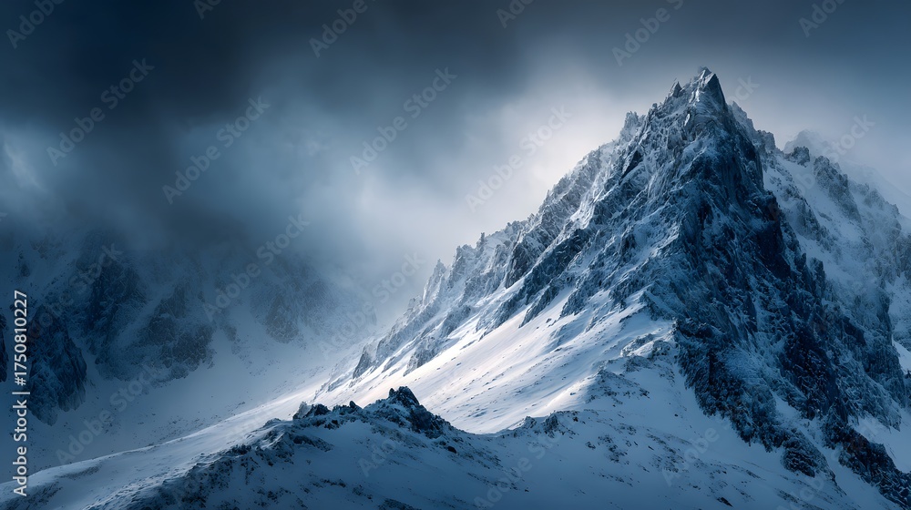 Obraz premium Dramatic snow covered mountain peak under moody sky.