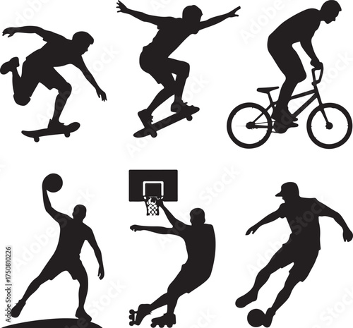 Dynamic athletes perform action sports in silhouette