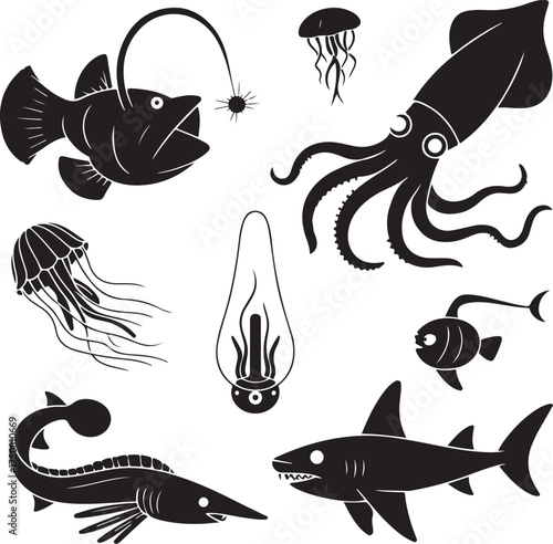 Ocean creatures silhouette collection for sea themes