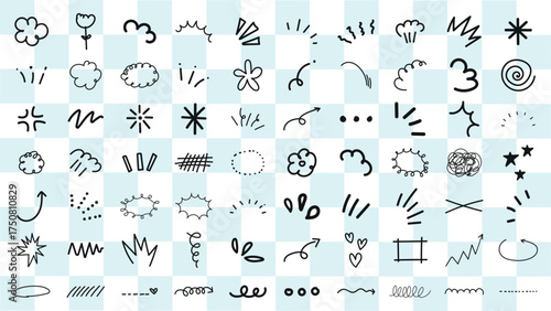 Doodle set with clouds, arrows, and stars. Various doodles like clouds, arrows, and stars on a checkered background. Fun and playful doodles for creative projects. Black hand drawn elements, vectors.