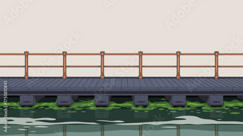 A cartoon image of a dock with a railing above water covered in green algae and a beige background wall