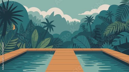 A pool surrounded by lush jungle vegetation with palm trees and mountains in the background view