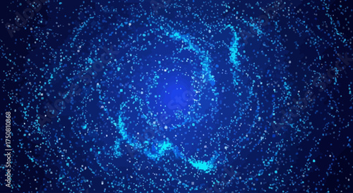 Abstract blue spiral galaxy illustration with bright center and swirling particles, representing cosmic energy.