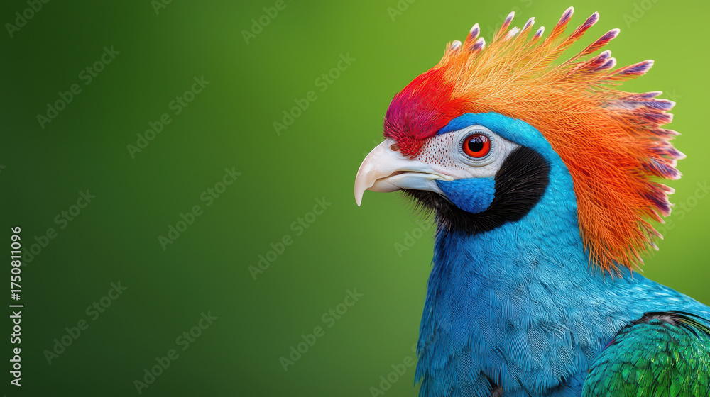 Fototapeta premium Vibrant close up of colorful bird with striking crest, showcasing vivid blue, orange, and red feathers against soft green background
