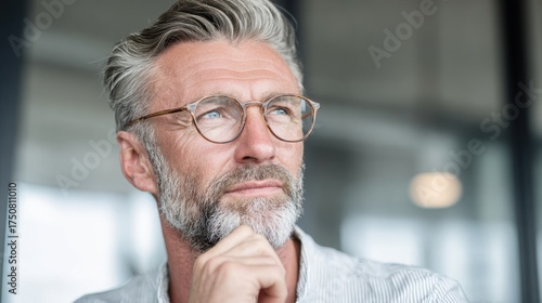 Wallpaper Mural A man with gray hair and glasses is seated in a bright office looking thoughtfully out a window. His expression shows deep contemplation and focus on his thoughts. Torontodigital.ca