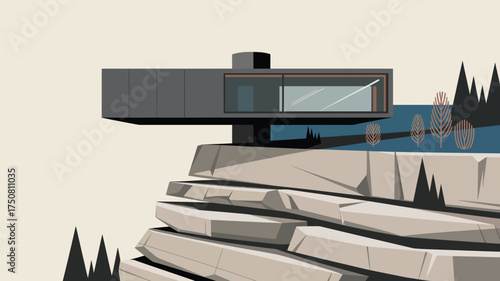 Illustration of a modern house cantilevered on a cliff overlooking trees and water with a beige sky