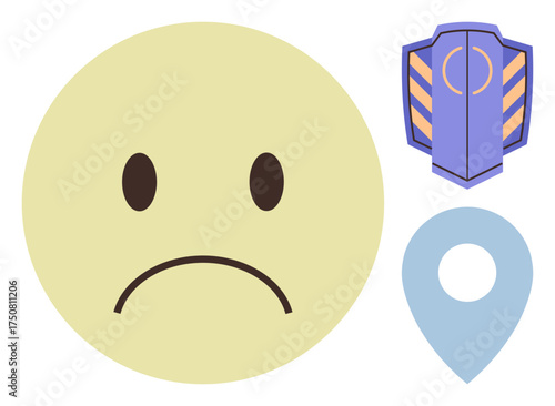 Sad emoticon expressing discontent alongside a shield representing protection and a location pin symbolizing navigation. Ideal for safety, emotion, mood, protection, geolocation, online presence