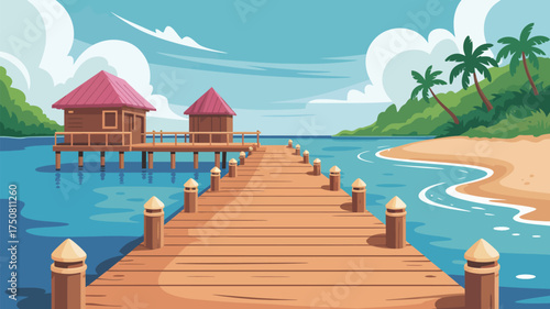 A tropical paradise with wooden pier leading to huts on the water under a bright blue cloudy sky