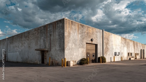 Wallpaper Mural flat roof warehouse, industrial zone, aged concrete texture, cloudy sky, realistic lighting, Nikon D850 photo  Torontodigital.ca