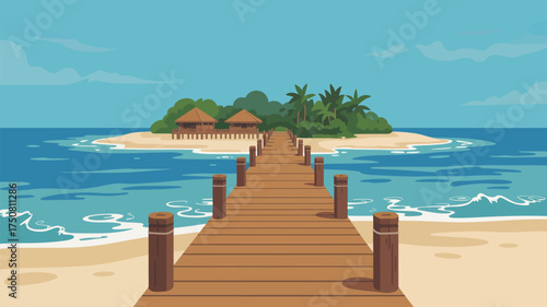 A wooden pier leading to a tropical island with huts and palm trees in a cartoon style illustration