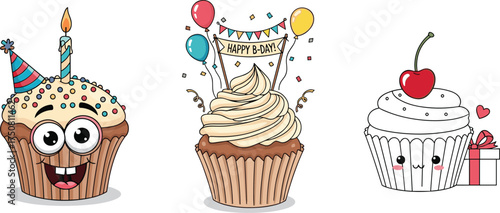 Cute Birthday Cupcake Characters with Candles and Balloons Vector Illustration Set