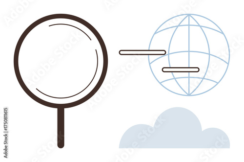 Magnifying glass focusing on global network lines with a subtle cloud. Ideal for research, global analysis, connectivity, digital technology, search, exploration, innovation, simple flat metaphor